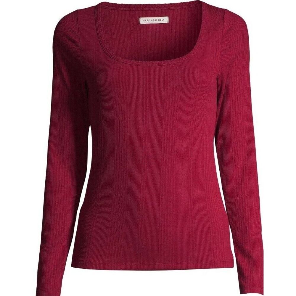 Free Assembly Women's Square‎ Neck Top Long Sleeve Cranberry Color Size  S